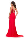 Back. Red ASHLEYlauren 11664 fitted jersey gown featuring a fully beaded corset bustier, spaghetti straps, lace-up back, ruched waist detailing, and a left leg slit for a sleek and glamorous look.
