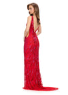 Back. Red ASHLEYlauren 11669 Fully Beaded Gown with Illusion V-Neckline, Sheer Side Cut Outs, Low V-Back, and Fitted Silhouette