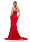 Back. Red ASHLEYlauren 11690 Glamorous Strapless Gown with Exposed Corset Boning Encrusted in Press On Stones, Ruched Skirt, and Left Leg Slit