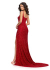 Back. Red ASHLEYlauren 11711 elegant gown featuring a fully hand-beaded bodice, spaghetti straps, corset bustier, illusion neckline, and a left leg slit for a glamorous and sophisticated look.