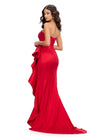 Back. Red ASHLEYlauren 11751 Strapless Taffeta Gown with Elegant Ruched Bodice, Dramatic Cascading Ruffle Detail, and Left Leg Slit
