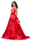 Back. Red ASHLEYlauren 11769 stunning satin gown featuring a sweetheart neckline adorned with crystal details, ruched wrap bodice, dramatic oversized bow, and an A-line ball gown skirt for a glamorous and elegant look.