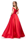 Back. Red ASHLEYlauren 11771 elegant Mikado A-line ball gown featuring an off shoulder neckline, unique floral detailing, and a full ball gown skirt for a romantic and sophisticated look.
