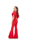 Back. Red ASHLEYlauren Kids 8156 versatile scuba jumpsuit featuring a classic crew neckline, playful ruffle sleeves, and flare bottom pants for a fun and stylish look.