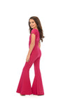 Back. Red ASHLEYlauren Kids 8157 stylish scuba jumpsuit featuring a crew neckline, cap sleeves, ruched waist detail, and flare pants for a polished and elegant look.