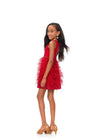 Back. Red ASHLEYlauren Kids 8176 fabulous feather cocktail dress featuring a crew neckline, open back, crystal-encrusted waistband, and a full feather skirt accented with scattered crystals for a glamorous and standout look.