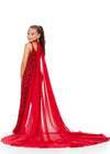 Back. Red ASHLEYlauren Kids 8190 Fully Beaded Jumpsuit with Matching Choker and Attached Cape