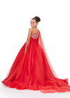 Back. Red ASHLEYlauren Kids 8212 One Shoulder Organza Ball Gown with Beaded Bodice and Cape