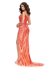 Back. Red/Coral ASHLEYlauren 11236 strapless gown featuring a sweetheart neckline, modern floral sequin motif cascading down the bustier and skirt, and a left leg slit for a glamorous and head-turning look.