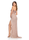 Back. Rose Gold ASHLEYlauren 11236 jaw-dropping strapless gown featuring a fitted silhouette, corset bustier with stunning crystal beadwork, a fully beaded wrap skirt, and a left leg slit for a glamorous red carpet-worthy look.