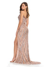 Back. Rose Gold ASHLEYlauren 11236 strapless gown featuring a sweetheart neckline, modern floral sequin motif cascading down the bustier and skirt, and a left leg slit for a glamorous and head-turning look.