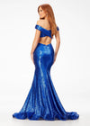 Back. Royal ASHLEYlauren 11107 Off-Shoulder Sequin Gown with Criss-Cross Open Back, Fit & Flare Silhouette, and Horsehair Hem