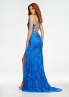 Back. Royal ASHLEYlauren 11145 Lace Gown with Spaghetti Straps, Lace Applique, Heat Press Stones, Lace-Up Back, and Left Leg Slit