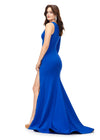 Back. Royal ASHLEYlauren 11272 one sleeve jersey gown featuring an illusion cut-out bustier, left leg slit, and press-on stone trim for a glamorous and modern look.