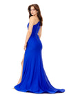 Back. Royal ASHLEYlauren 11303 One Shoulder Jersey Gown with Ruched Bodice, Asymmetrical Cut Outs, Fitted Wrap Skirt, and Exposed Metal Zipper Back