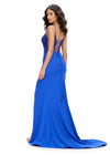 Back. Royal ASHLEYlauren 11664 fitted jersey gown featuring a fully beaded corset bustier, spaghetti straps, lace-up back, ruched waist detailing, and a left leg slit for a sleek and glamorous look.