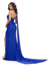 Back. Royal ASHLEYlauren 11736 glamorous one shoulder gown featuring press-on stone embellishments, a dramatic one shoulder cape, and a left leg slit for an elegant and show-stopping look.
