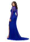 Back. Royal ASHLEYlauren 11742 glamorous evening gown featuring a mesh high neckline, ruched waistline, press-on stone embellishments, left leg slit, and a sweep train for an elegant and sophisticated look.