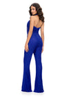 Back. Royal ASHLEYlauren 11775 standout jumpsuit featuring a halter neckline, illusion deep V-neckline adorned with crystal press-on stones, and a sleek silhouette for a bold and glamorous look.