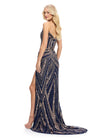 Back. Royal/Gold ASHLEYlauren 11236 strapless gown featuring a sweetheart neckline, modern floral sequin motif cascading down the bustier and skirt, and a left leg slit for a glamorous and head-turning look.