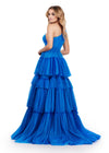 Back. Royal/Turquoise ASHLEYlauren 11619 One Shoulder Ball Gown with Ruched Bustier, Two-Tone Tiered Pleated Tulle Skirt, and Left Leg Slit