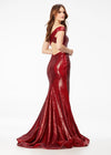 Back. Ruby Red ASHLEYlauren 11107 Off-Shoulder Sequin Gown with Criss-Cross Open Back, Fit & Flare Silhouette, and Horsehair Hem