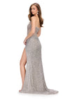Back. Silver ASHLEYlauren 11236 jaw-dropping strapless gown featuring a fitted silhouette, corset bustier with stunning crystal beadwork, a fully beaded wrap skirt, and a left leg slit for a glamorous red carpet-worthy look.