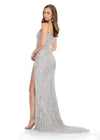 Back. Silver ASHLEYlauren 11236 strapless gown featuring a sweetheart neckline, modern floral sequin motif cascading down the bustier and skirt, and a left leg slit for a glamorous and head-turning look.