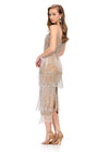 Back. Silver ASHLEYlauren 11766 glamorous fully hand-beaded midi dress featuring a sweetheart neckline, intricate beaded pattern with fringe accents, and a back slit for an elegant and sophisticated look.
