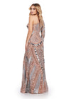 Back. Silver/Dark Nude ASHLEYlauren 11671 One Shoulder Fully Beaded Gown with Intricate Mirror Accents, Left Leg Slit, and Structured Horsehair Hem