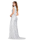 Back. Silver/Ivory ASHLEYlauren 11395 fully beaded sequin gown featuring an intricate beaded motif, high neckline, cap sleeves, and a modest front slit for an elegant and regal look.