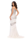 Back. Silver/Ivory ASHLEYlauren 11438 glamorous gown featuring a sweetheart illusion V-neckline, ornate bead pattern, striking V-back, tiered ruffle skirt, and a center slit with tulle details for an elegant and dramatic look.