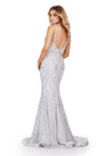 Back. Silver/Ivory ASHLEYlauren 11466 fitted stretch sequin gown with V-neckline and deep V-back