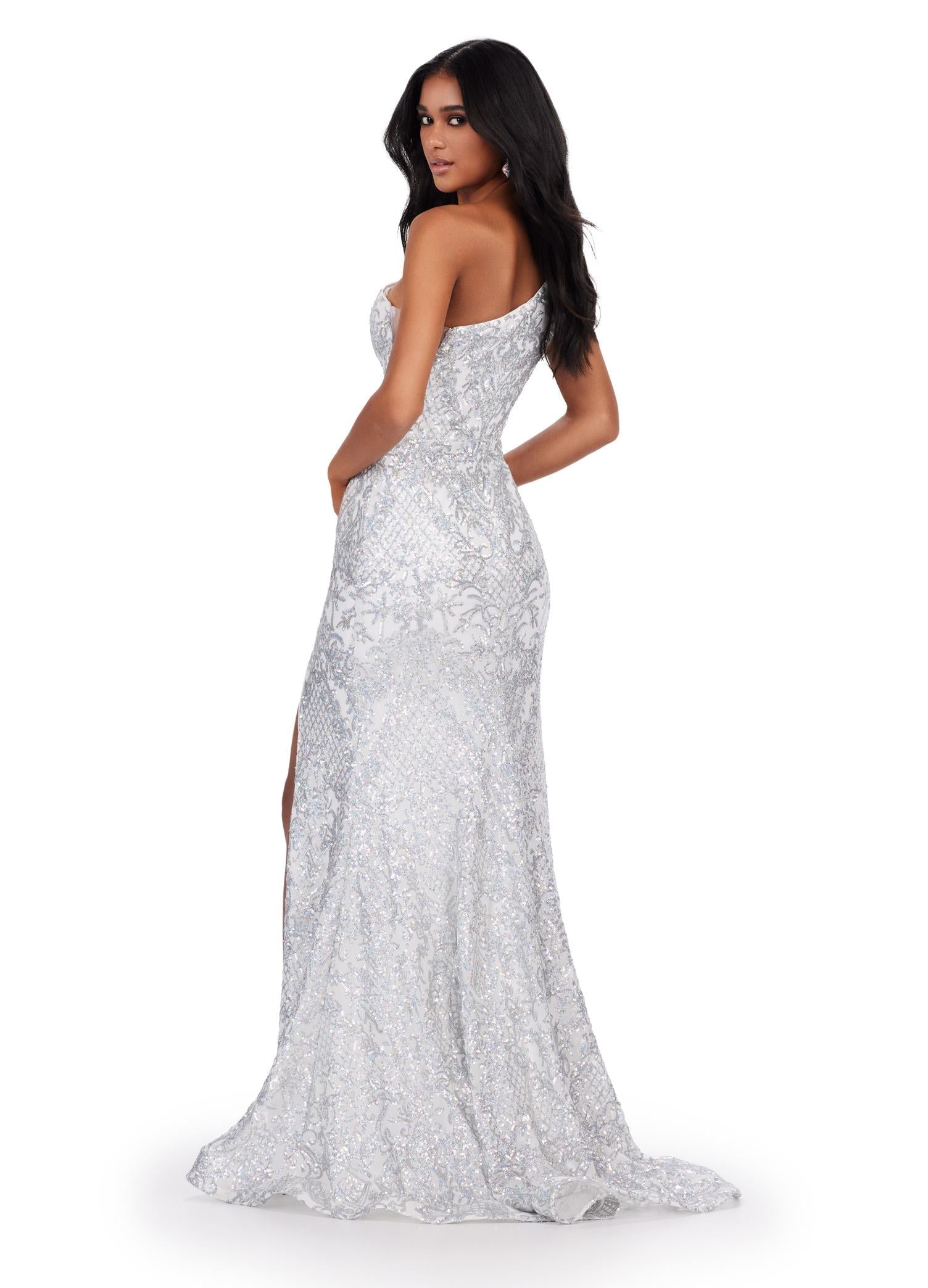 Back. Silver/Ivory ASHLEYlauren 11471 one shoulder stretch sequin gown with illusion side cut out and left leg slit