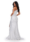 Back. Silver/Ivory ASHLEYlauren 11471 one shoulder stretch sequin gown with illusion side cut out and left leg slit