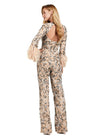 Back. Silver/Pewter ASHLEYlauren 11394 extravagant fully beaded jumpsuit featuring a crew neckline, illusion cut-out, open back, and feathered cuffs for a bold and statement-making look.