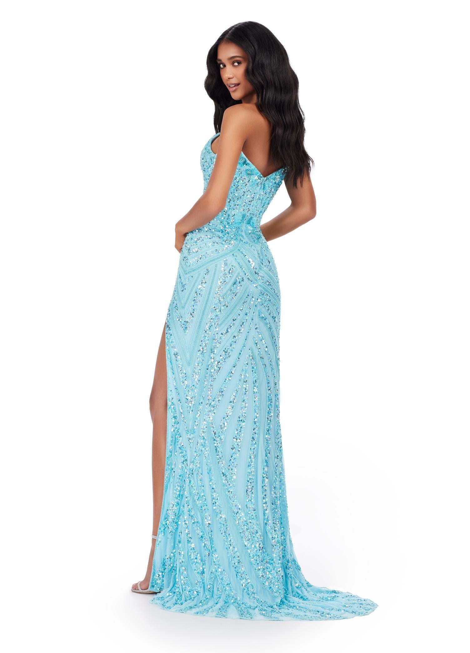 Back. Sky ASHLEYlauren 11236 strapless gown featuring a sweetheart neckline, modern floral sequin motif cascading down the bustier and skirt, and a left leg slit for a glamorous and head-turning look.