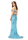 Back. Sky ASHLEYlauren 11362 elegant spaghetti strap gown featuring a sweetheart neckline, sheer illusion bustier adorned with intricate sequin details that cascade onto the skirt and hemline, and a sweep train for a glamorous and sophisticated look.