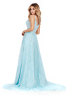 Back. Sky ASHLEYlauren 11558 Elegant A-Line Gown with Spaghetti Straps, Lace Appliqué Bodice, V-Neckline, V-Back, Cascading Appliqué Skirt, Left Leg Slit, and Sweep Train