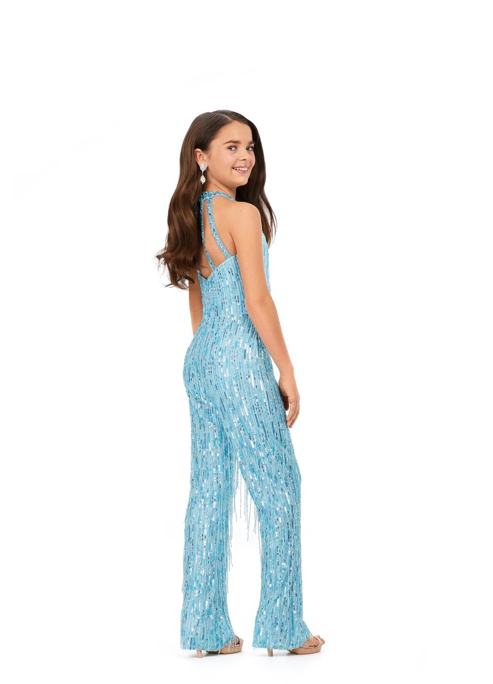 Back. Sky ASHLEYlauren Kids 8194 runway-ready fully beaded jumpsuit featuring a halter neckline and fringe detailing throughout for the perfect amount of movement and glamour.