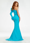 Back. Turquoise ASHLEYlauren 11131 One-Shoulder Scuba Gown with Feather Details, Heat-Set Stones, Crystal Belt, and Elegant Train