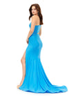 Back. Turquoise ASHLEYlauren 11337 One Shoulder Fitted Jersey Gown Embellished with Heat Set Stones, Asymmetrical Shark Bite Cut Out, and Left Leg Slit