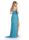 Back. Turquoise ASHLEYlauren 11357 glamorous fully beaded gown featuring a scoop neckline, delicate spaghetti straps, fringe-encrusted slit, and crystal accents for a dazzling old Hollywood-inspired look.