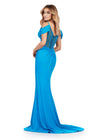 Back. Turquoise ASHLEYlauren 11536 Jersey Gown with Spaghetti Straps, Off Shoulder Details, Corset Bustier, and Ruched Hip Design