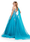 Back. Turquoise ASHLEYlauren 11573 Romantic One Shoulder Organza Ball Gown with Intricate Sequin Appliqué, Open Back, and Draped Organza Cape