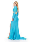 Back. Turquoise ASHLEYlauren 11607 Unique Jersey Gown with V-Neckline, Long Sleeves, Crisscross Cut Out Wrap Bustier, Draped Fitted Skirt, and Left Leg Slit