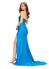 Back. Turquoise ASHLEYlauren 11690 Glamorous Strapless Gown with Exposed Corset Boning Encrusted in Press On Stones, Ruched Skirt, and Left Leg Slit