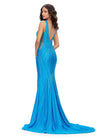 Back. Turquoise ASHLEYlauren 11693 fitted jersey gown featuring a V-neckline, open back, and press-on stone embellishments for a sleek, glamorous, and timeless look.