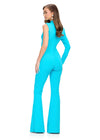 Back. Turquoise ASHLEYlauren 11764 One Shoulder Scuba Jumpsuit with High Neckline, Single Sleeve, Glamorous Cut Out, and Sleek Silhouette