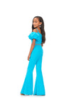 Back. Turquoise ASHLEYlauren Kids 8164 stylish scuba jumpsuit featuring a crew neckline, off shoulder puff sleeves, beaded neckline and waistband for a perfect blend of classy and fabulous.